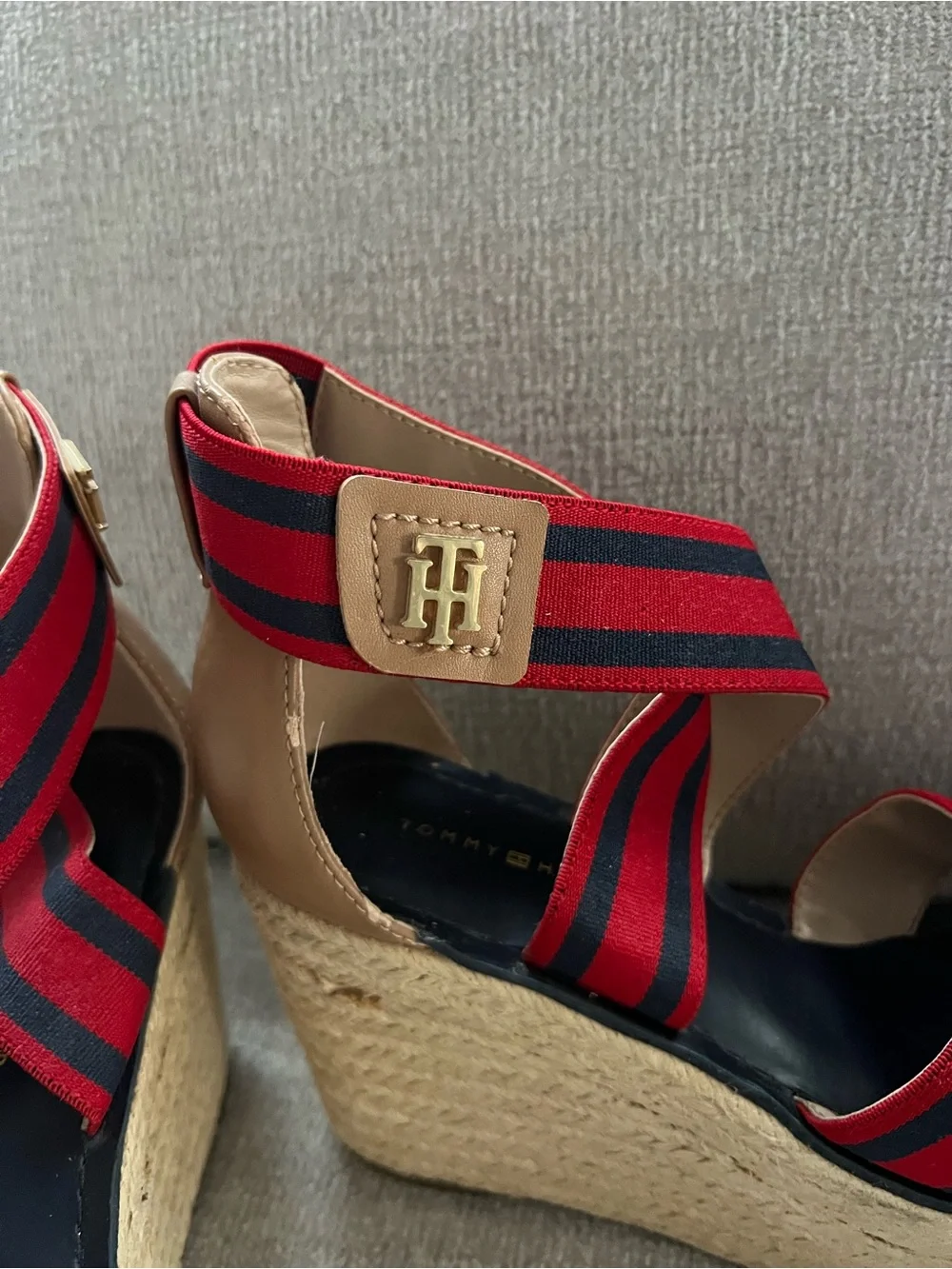 Tommy Hilfiger Red and Black Striped Espadrille Wedge Sandals